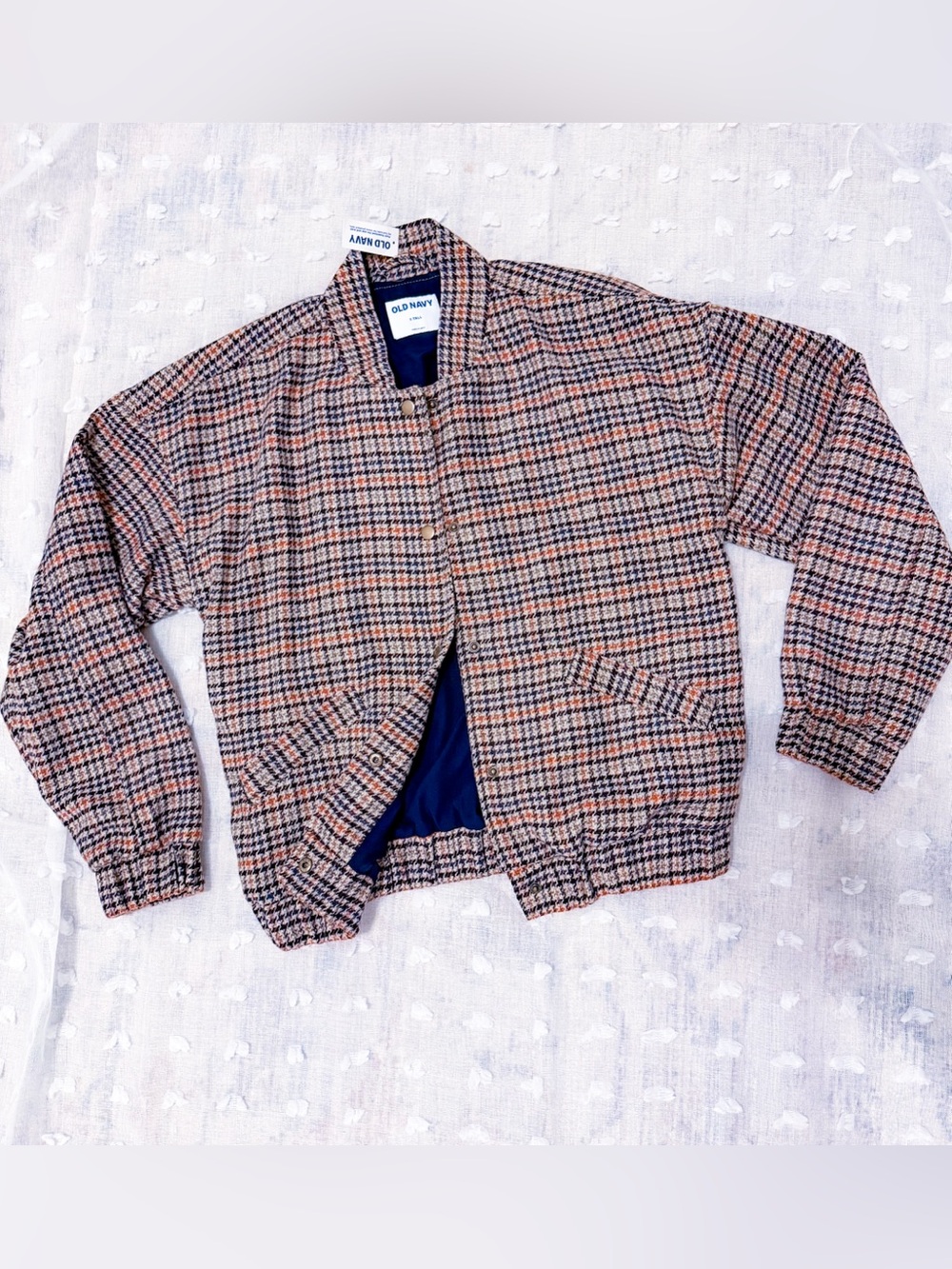 NWT! Popular Old Navy Houndstooth Bomber Jacket - Brown, Navy & Cream size S Tal